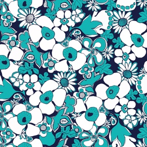 Floral Doodles navy turquoise blue white