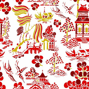 chinoiserie village red gold