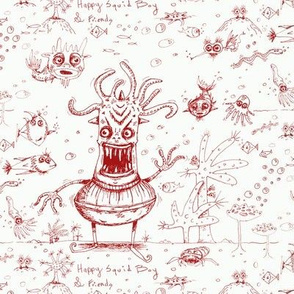 happy hand drawn squid boy and friends off the wall marine toile, large scale, red and white