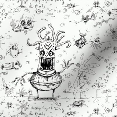 happy hand drawn squid boy and friends off the wall marine toile, large scale, black and white