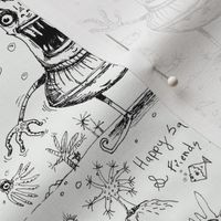 happy hand drawn squid boy and friends off the wall marine toile, large scale, black and white