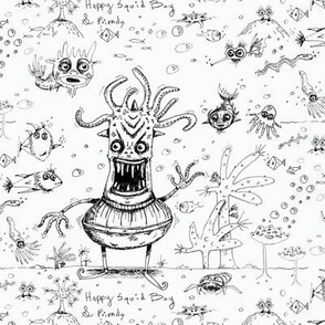 happy hand drawn squid boy and friends off the wall marine toile, large scale, black and white