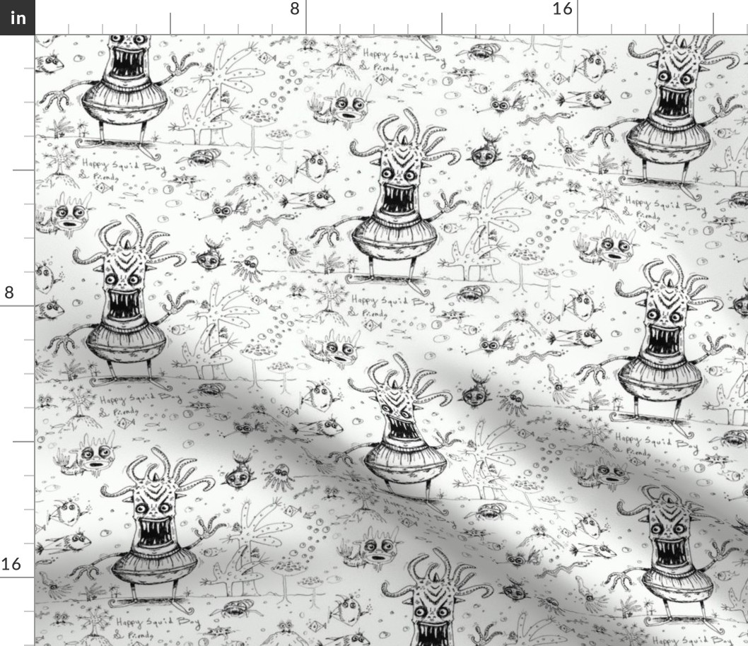 happy hand drawn squid boy and friends off the wall marine toile, large scale, black and white