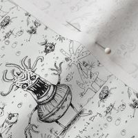 happy hand drawn squid boy and friends off the wall marine toile, small scale, black and white