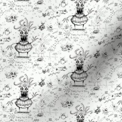 happy hand drawn squid boy and friends off the wall marine toile, small scale, black and white