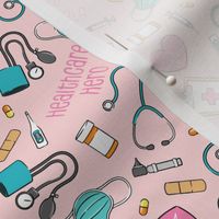 (small scale) healthcare hero - doctor / nurse - medical equipment - stethoscope, otoscope, medicine, pills - hospital - pink -  LAD20