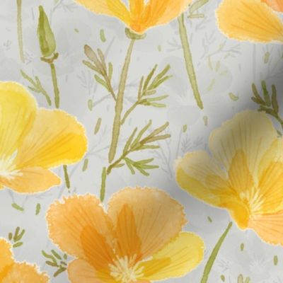 Watercolor California Poppies Meadow (silver) 24”