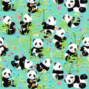 Average size, Cheerful panda with bamboo, bright turquoise background