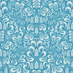 Damascus. Fabulous abstract white flowers on a turquoise background