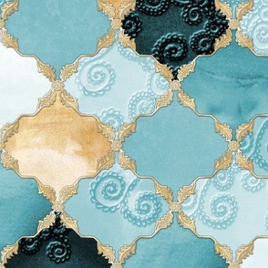 Romantic Curly Floral Moroccan Tile dark turquoise 