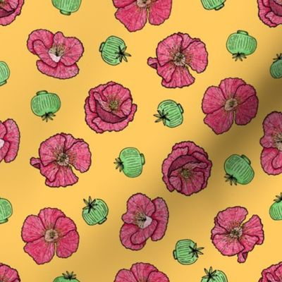 Poppies flowers and seeds pattern - yellow