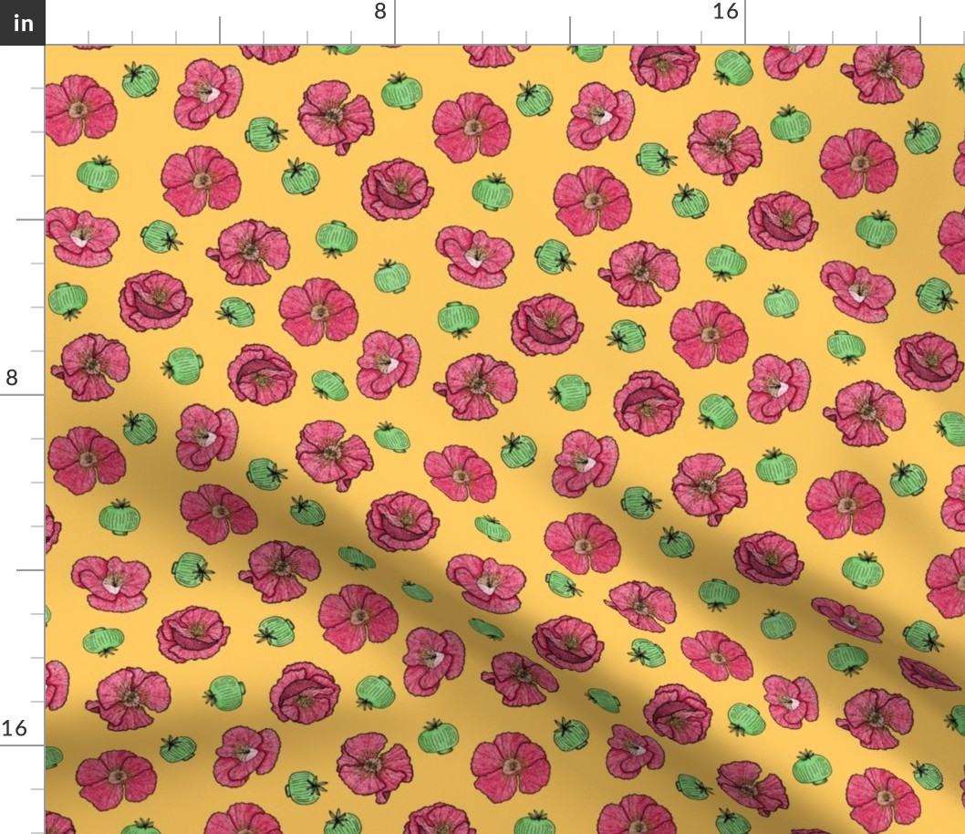 Poppies flowers and seeds pattern - yellow