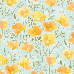 Watercolor California Poppies Meadow (mint) 9”