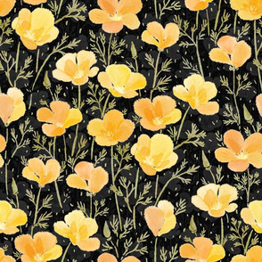 Watercolor California Poppies Meadow (black) 18”