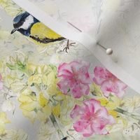 Hand Painted Watercolour Blue Tit With Pink Flowers Off White Medium 