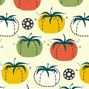 Tomato Pin Cushions and Bobbins - Olive Yellow Orange