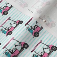 (small scale) golf carts - pink on teal stripes - LAD20