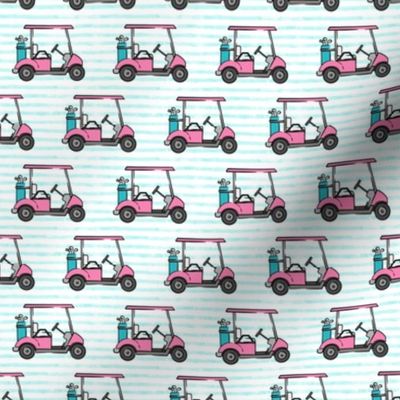 (small scale) golf carts - pink on teal stripes - LAD20