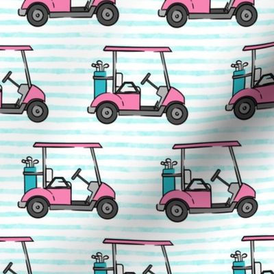 golf carts - pink on teal stripes - LAD20
