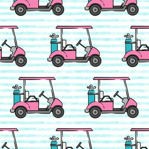 golf carts - pink on teal stripes - LAD20