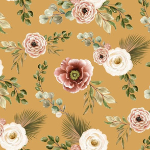 BOHO PINK FLORAL on dark yellow 