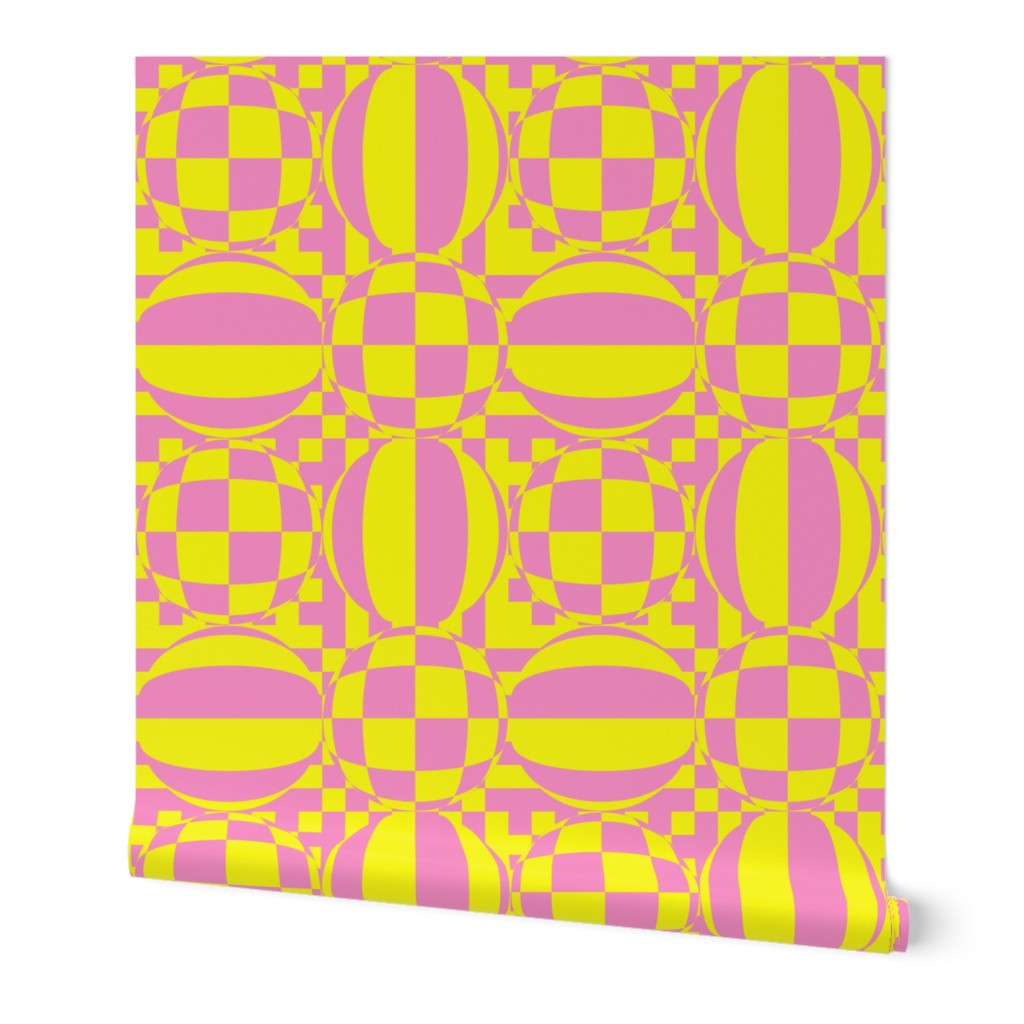 JP26 - Large -  Contemporary Geometric Quatrefoil Cheater Quilt in Vibrant Yellow and Spring Pink