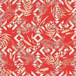 Tigers and Leaves with Tribal Shapes in Red / Small Scale