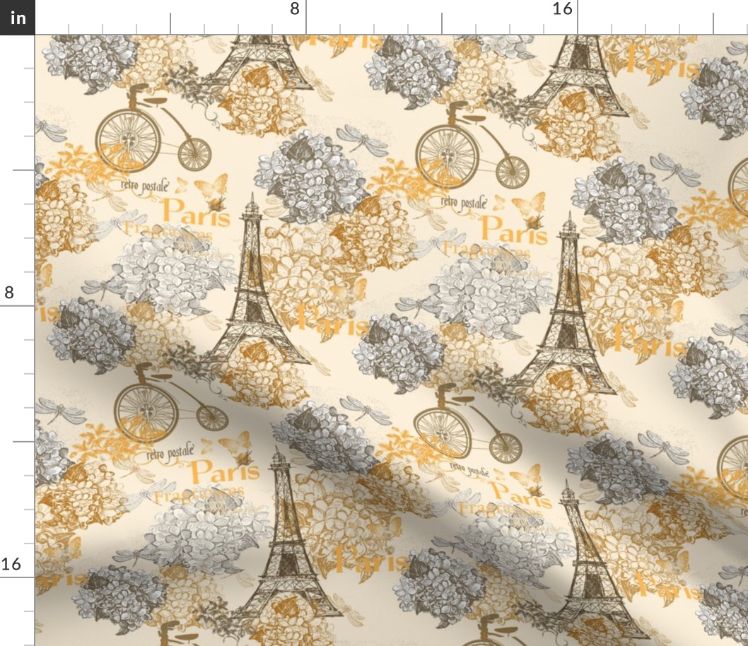8" Vintage Eiffeltower Paris France Flower Pattern Sepia