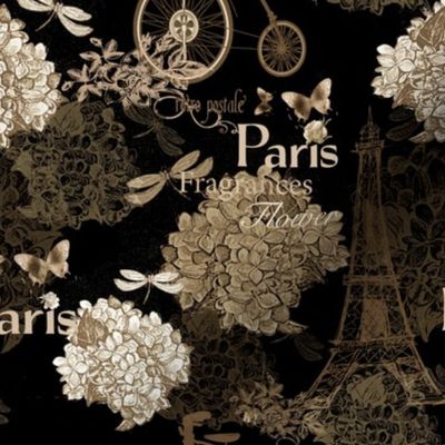 8" Vintage Eiffeltower Paris France Flower Pattern Black Sepia