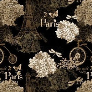 5" Vintage Eiffeltower Paris France Flower Pattern Black Sepia