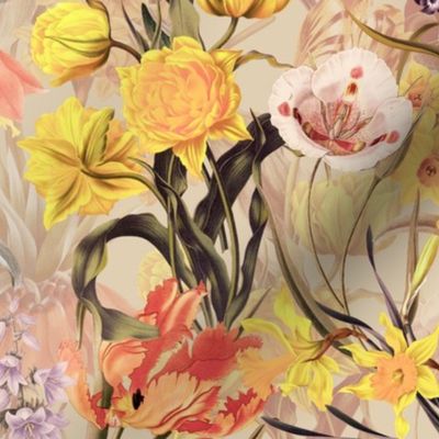 12" Vintage Botanical Springflower Meadow - Pastel Sepia