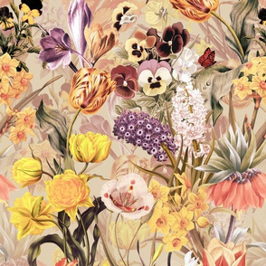 12" Vintage Botanical Springflower Meadow - Pastel Sepia