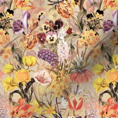 6 " Vintage Botanical Springflower Meadow - Pastel Sepia
