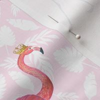 pink flamingo in gold crown on pink palms
