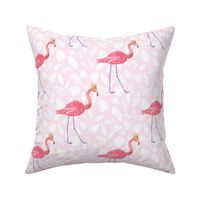 pink flamingo in gold crown on pink palms