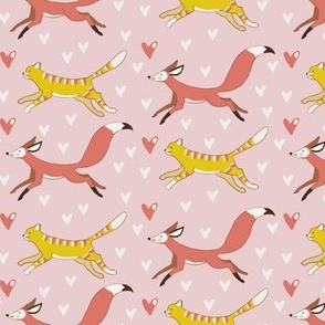 Cute Cat and Fox in love running together on a pink background
