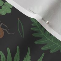 Pattern with fern leaf, mushrooms, pine needles on dark background