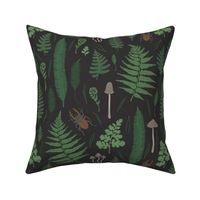 Pattern with fern leaf, mushrooms, pine needles on dark background