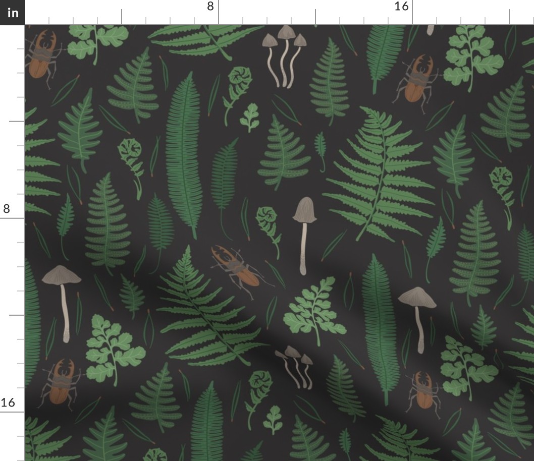 Pattern with fern leaf, mushrooms, pine needles on dark background