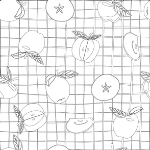 Whole and cut apples in black outlines on white