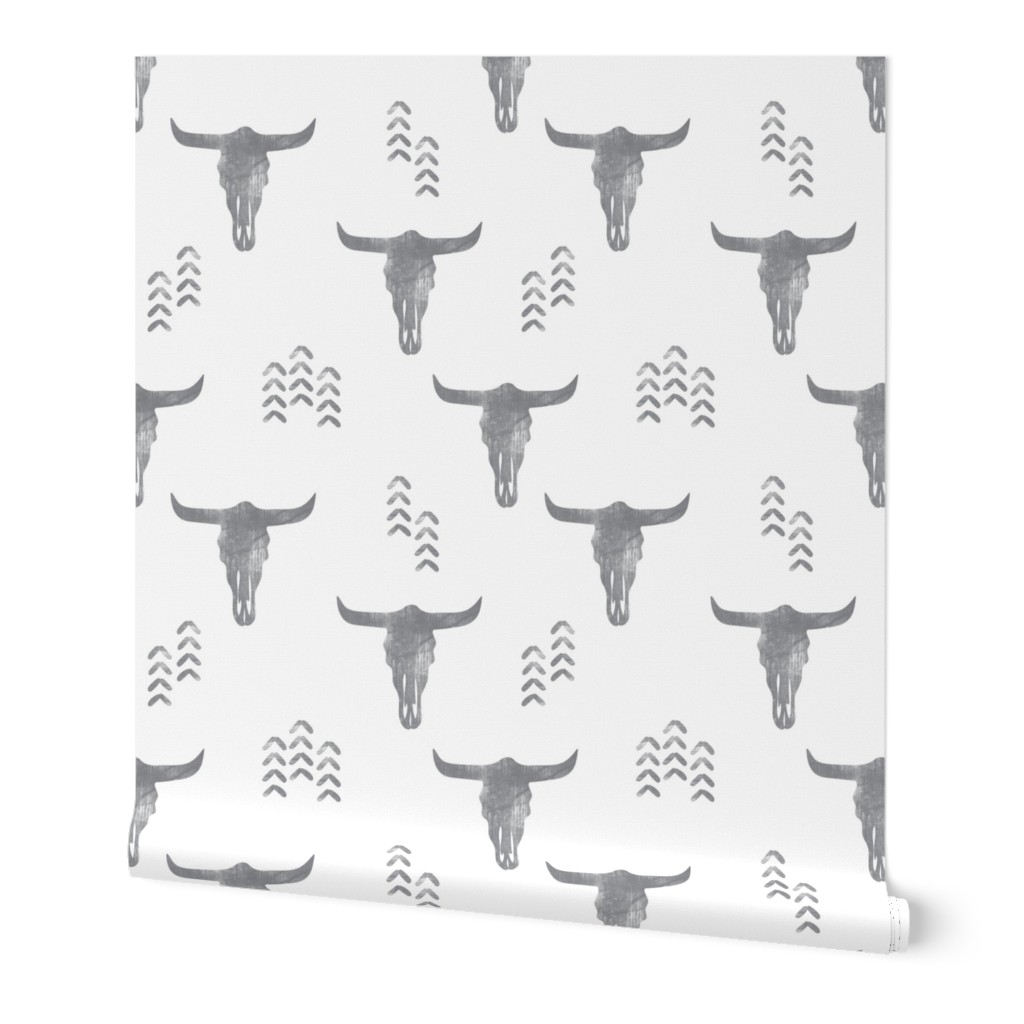 desert skulls - boho - southwest cow skull - grey on white - C20BS