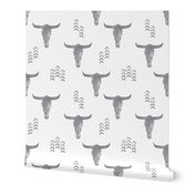 desert skulls - boho - southwest cow skull - grey on white - C20BS