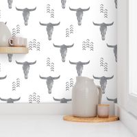 desert skulls - boho - southwest cow skull - grey on white - C20BS