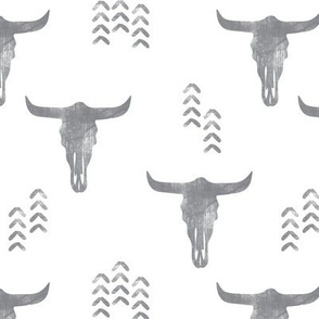 desert skulls - boho - southwest cow skull - grey on white - C20BS