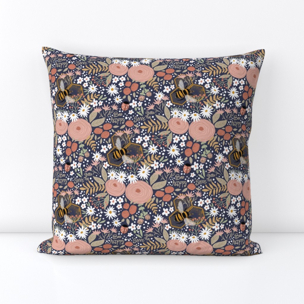 bees & flowers dark blue 