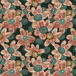 Magical Pink Flowers on a dark green background