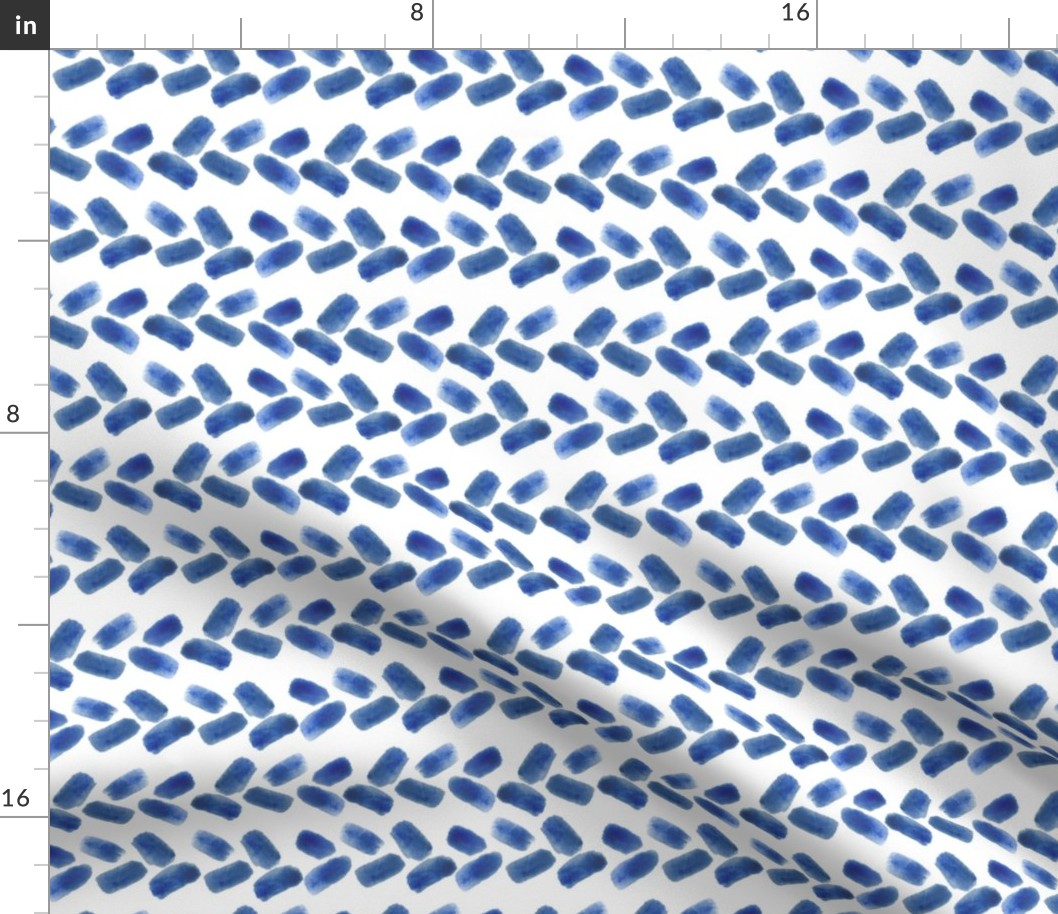 Blue Water color Herringbone Design on White 