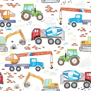 Construction Trucks Excavator Cement Dump Truck Slate Cotton Fabric Fat Quarter 