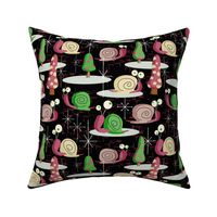 MidCentury Modern Snails-- Midcentury Atomic Snail in Black-- Pink, Green, Cream Christmas Snails