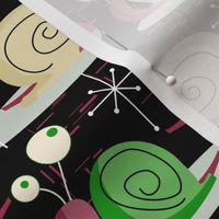 MidCentury Modern Snails-- Midcentury Atomic Snail in Black-- Pink, Green, Cream Christmas Snails